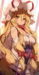  1girl bangs bare_shoulders blonde_hair bow bowtie breasts brown_eyes commentary_request hair_between_eyes hair_bow hat hat_ribbon highres long_hair looking_at_viewer medium_breasts mob_cap piyokichi red_bow red_neckwear red_ribbon ribbon solo touhou upper_body very_long_hair white_headwear yakumo_yukari 