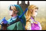  back-to-back blonde_hair blue_eyes brown_gloves circlet delsaber dress earrings elbow_gloves fingerless_gloves gloves gold_trim green_headwear green_tunic instrument jewelry link long_hair looking_down looking_up master_sword ocarina pink_dress pointy_ears princess_zelda temple the_legend_of_zelda the_legend_of_zelda:_ocarina_of_time triforce white_gloves 