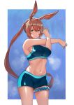  1girl :o absurdres amiya_(arknights) animal_ears arknights bangs blue_bra blue_eyes blue_shorts bonz_(bonz0616) bra breasts breath brown_hair flying_sweatdrops hair_between_eyes highres jewelry long_hair medium_breasts multiple_rings navel rabbit_ears ring short_shorts shorts solo sports_bra sportswear stretch sweat thigh_strap thumb_ring underwear very_long_hair 