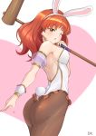  1girl animal_ears armband ass back backless_outfit bare_shoulders black_legwear blush breasts brown_eyes bunny_girl bunny_tail bunnysuit celica_(fire_emblem) chestnut_mouth deekei earrings fake_animal_ears fake_tail fingernails fire_emblem fire_emblem_echoes:_shadows_of_valentia hammer heart highres jewelry leotard long_hair looking_at_viewer looking_back one_eye_closed open_mouth pantyhose rabbit_ears redhead simple_background solo strapless strapless_leotard tail white_leotard wrist_cuffs 