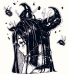  1girl amissio aria_wintermint blush bug closed_mouth eyebrows_visible_through_hair from_side frown greyscale hair_over_one_eye horns long_hair looking_away monochrome parororo sad solo upper_body 