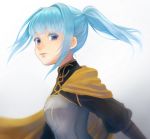  1girl angelica_(honzuki_no_gekokujou) blue_eyes cape honzuki_no_gekokujou light_blue_hair medium_hair ponytail sidelocks simple_background solo standing un47_(uni) upper_body white_background yellow_cape 