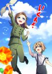  1boy 1girl :d :o arm_up black_footwear black_pants blue_eyes blue_sky blurry_foreground bow brown_hair child clenched_hand clouds flower green_pants katarina_claes keith_claes light_brown_hair long_hair mitsuha_(bless_blessing) open_mouth otome_game_no_hametsu_flag_shika_nai_akuyaku_reijou_ni_tensei_shite_shimatta outdoors pants scar shirt short_sleeves sky smile standing standing_on_one_leg suspenders sweatdrop white_shirt 