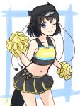  1girl ;) alternate_costume bare_arms bare_shoulders black_hair black_headwear blue_eyes cheerleader cowboy_shot crop_top eyebrows_visible_through_hair hand_up hat highres kemono_friends leaning_forward looking_at_viewer midriff one_eye_closed pom_poms shiraha_maru short_hair simple_background skirt smile solo tail tank_top western_parotia_(kemono_friends) 