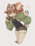  1girl alternate_costume animal_ears barefoot black_shirt casual coat cup full_body furry green_coat hat highres holding holding_cup kawasemi27 long_sleeves looking_at_viewer made_in_abyss medium_hair mitty_(made_in_abyss)_(furry) open_mouth red_eyes redhead shirt shorts smile solo suspender_shorts suspenders tail whiskers 