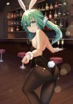  1girl alcohol animal_ears ass backless_leotard bar bar_stool bare_shoulders black_leotard blush bottle breasts bunny_girl bunny_hair_ornament bunny_tail counter cup date_a_live drinking_glass from_behind green_eyes green_hair hair_between_eyes hair_ornament holding holding_tray indoors jme131456 leaning_forward leotard long_hair looking_at_viewer looking_back natsumi_(date_a_live) open_mouth pantyhose rabbit_ears small_breasts solo stool tail thighs tray twintails 