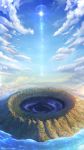  blue_sky clouds cloudy_sky day fantasy highres hole horizon landscape light_particles light_rays made_in_abyss ocean outdoors roxenne scenery sky sun sunlight twitter_username 