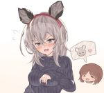  2girls animal_ears arutoria_(187497382) bad_id bad_twitter_id bangs blush brown_hair casual chibi chibi_inset closed_eyes commentary fake_animal_ears flying_sweatdrops frown girls_und_panzer grey_eyes grey_hair grey_sweater heart itsumi_erika long_sleeves medium_hair mouse mouse_ears multiple_girls nishizumi_miho open_mouth ribbed_sweater short_hair smile speech_bubble sweater tearing_up turtleneck turtleneck_sweater 