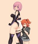 2girls absurdres ahoge ass back back_cutout bare_shoulders belt black_footwear black_gloves black_jacket black_legwear black_leotard black_scrunchie blush boots breasts cleavage_cutout closed_eyes closed_mouth collar elbow_gloves fate/grand_order fate_(series) fujimaru_ritsuka_(female) gloves grey_skirt hair_ornament hair_over_one_eye hair_scrunchie hands_together highleg highleg_leotard highres hioyami jacket kneeling large_breasts lavender_hair leotard looking_at_viewer looking_back mash_kyrielight medium_breasts metal_collar multiple_girls one_side_up open_mouth orange_hair polar_chaldea_uniform pouch praying scrunchie short_hair simple_background skirt smile thigh-highs thighs violet_eyes