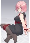  1girl bare_shoulders blush bound breasts expressionless fate/grand_order fate_(series) feet grey_background hair_over_eyes highres jjune large_breasts looking_at_viewer mash_kyrielight necktie no_shoes pantyhose purple_hair red_neckwear red_ribbon restrained ribbon ribbon_bondage short_hair solo sweat twitter_username violet_eyes 