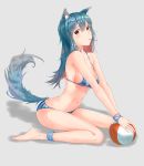  1girl absurdres animal_ear_fluff animal_ears anklet arknights ball bangs bare_arms bare_legs bare_shoulders barefoot beachball bikini blue_bikini blue_hair breasts food food_in_mouth grey_background hair_between_eyes head_tilt highres jewelry long_hair looking_at_viewer lord_boros_(bouluosi) medium_breasts mouth_hold navel pocky red_eyes shadow simple_background sitting solo stomach striped swimsuit tail texas_(arknights) thighs vertical-striped_bikini vertical_stripes wariza wolf_ears wolf_tail 