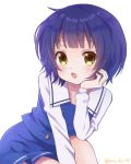  1girl :o bangs blue_hair blue_skirt blunt_bangs blush chin_rest commentary eyebrows_visible_through_hair fang gochuumon_wa_usagi_desu_ka? jouga_maya kafuu_chino&#039;s_school_uniform long_sleeves looking_at_viewer mozukun43 school_uniform short_hair simple_background skirt solo twitter_username white_background yellow_eyes 