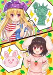  &gt;_&lt; 2girls :d absurdres american_flag animal_ears blonde_hair blush brown_hair carrot_necklace clownpiece commentary_request dress hat highres inaba_tewi jester_cap long_hair multiple_girls neck_ruff open_mouth pink_dress pointing polka_dot puffy_short_sleeves puffy_sleeves purple_headwear rabbit rabbit_ears red_eyes short_sleeves smile statue_of_liberty suigetsu_(watermoon-910) touhou xd 