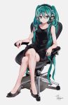  1girl aqua_eyes aqua_hair armrest bare_shoulders black_dress black_footwear chair collarbone commentary crossed_legs dress english_commentary grey_background hatsune_miku headphones high_heels highres long_hair looking_at_viewer office_chair signature sitting sleeveless sleeveless_dress smile solo takepon1123 toe_cleavage twintails very_long_hair vocaloid 