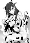  1girl absurdres animal_ears animal_print bangs bell bell_collar blush breasts clenched_hands collar cow_ears cow_print cow_tail dawalixi elbow_gloves fake_animal_ears final_fantasy final_fantasy_vii gloves highres kneeling leotard long_hair looking_at_viewer simple_background solo_focus tail thigh-highs tifa_lockhart white_background 