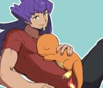  alternate_costume bangs black_pants bright_pupils charmander closed_mouth dark-skinned_male dark_skin facial_hair fire flame gen_1_pokemon holding holding_pokemon leon_(pokemon) long_hair morio_(poke_orio) outline pants pokemon pokemon_(creature) pokemon_(game) pokemon_swsh purple_hair red_shirt shirt short_sleeves smile starter_pokemon t-shirt white_pupils yellow_eyes 