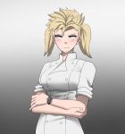  1girl blonde_hair blue_eyes blush breasts chef chef_uniform closed_mouth crossed_arms double-breasted fingernails genderswap genderswap_(mtf) gordon_ramsay gradient gradient_background grey_background highres jourd4n looking_away medium_breasts real_life short_hair short_sleeves solo twintails upper_body watch watch 