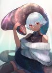  1girl absurdres bangs bare_shoulders breasts dark_skin eyebrows_visible_through_hair green_background hair_between_eyes highres hiiragi_mikoto large_breasts looking_at_viewer original red_eyes short_hair simple_background sitting snake solo thigh-highs tongue tongue_out white_hair 