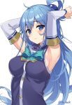  1girl absurdres aqua_(konosuba) armpits arms_up bare_shoulders blue_eyes blue_hair blue_shirt bow bowtie breasts brooch buttons closed_mouth detached_sleeves hair_ornament hair_rings highres jewelry kono_subarashii_sekai_ni_shukufuku_wo! large_breasts long_hair long_sleeves looking_at_viewer sakura_honoka_(srhk0623) shirt simple_background sleeveless sleeveless_shirt solo sweat upper_body very_long_hair white_background 