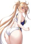  1girl ass bangs bare_shoulders blonde_hair blue_eyes blush bradamante_(fate/grand_order) braid breasts crown_braid fate/grand_order fate_(series) hair_between_eyes harimoji large_breasts long_hair looking_at_viewer looking_back one-piece_swimsuit simple_background solo swimsuit thighs twintails very_long_hair white_background 