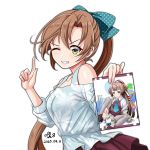  1girl akigumo_(kantai_collection) asashimo_(kantai_collection) asashimo_(kantai_collection)_(cosplay) blouse bokukawauso brown_hair casual cosplay dated green_eyes grin hair_ribbon highres index_finger_raised kantai_collection kazagumo_(kantai_collection) long_hair looking_at_viewer manga_(object) ponytail purple_skirt ribbon signature simple_background skirt smile solo tk8d32 unmoving_pattern white_background white_blouse 