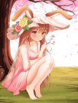  1girl absurdres animal_ears bangs barefoot blue_flower blurry blurry_background blush branch brown_eyes brown_hair cherry_blossoms closed_mouth commentary depth_of_field dress ears_through_headwear eyebrows_visible_through_hair flower grass hair_between_eyes hand_up hat hat_flower highres holding holding_branch jacket long_hair long_sleeves on_ground open_clothes open_jacket original petals pink_dress pink_flower puget57288112 rabbit_ears red_flower see-through sleeveless sleeveless_dress smile solo squatting tree very_long_hair white_headwear yellow_flower 