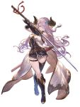  1girl asymmetrical_footwear bare_shoulders belt blue_eyes boots braid coat draph elbow_gloves fingerless_gloves full_body gloves granblue_fantasy granblue_fantasy_versus hair_ornament hair_over_one_eye highres holding holding_sword holding_weapon horns katana knee_boots minaba_hideo narmaya_(granblue_fantasy) official_art parted_lips pink_hair pointy_ears sheath simple_background sleeveless solo standing sword thigh-highs thigh_boots thigh_strap tied_hair weapon white_background 