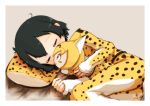  1girl alternate_costume artist_name bed_sheet black_hair character_doll closed_eyes commentary dated doll_hug kaban_(kemono_friends) kemono_friends long_sleeves lying nesoberi on_back pajamas pillow print_pajamas print_pillow sateraito1024 serval_(kemono_friends) serval_print short_hair signature simple_background sleeping sleeves_past_wrists solo 