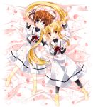  2girls bed black_ribbon blonde_hair blue_eyes brown_hair couple fate_testarossa hair_ribbon happy highres holding_hands interlocked_fingers kanan_asuka long_hair lying lyrical_nanoha mahou_shoujo_lyrical_nanoha mahou_shoujo_lyrical_nanoha_a&#039;s multiple_girls neck_ribbon petals pink_ribbon red_eyes red_ribbon ribbon school_uniform short_hair short_twintails smile star takamachi_nanoha twintails uniform yuri 