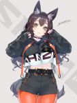  1girl animal_ears artist_name belt black_belt black_hair black_shorts breasts choker crop_top expressionless eyebrows_visible_through_hair fox_ears fox_girl fox_tail green_eyes hair_between_eyes large_breasts looking_at_viewer o-ring o-ring_choker orange_legwear original pantyhose sakuhiko shorts signature solo tail twitter_username 