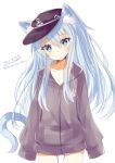  1girl alternate_costume animal_ears blue_eyes cat_ears cat_girl cat_tail eyebrows_visible_through_hair flat_cap grey_hoodie hair_between_eyes hair_ornament hat hibiki_(kantai_collection) highres hizaka kantai_collection long_hair long_sleeves looking_at_viewer paw_print silver_hair simple_background sleeves_past_wrists solo tail twitter_username white_background 