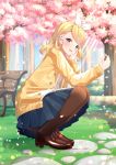  1girl absurdres bench blonde_hair blue_eyes blue_skirt blurry blurry_background blush cherry_blossoms depth_of_field eyes_visible_through_hair flower grass hair_flower hair_ornament hairband hairclip hanami highres holding holding_flower kagamine_rin light_rays looking_at_viewer looking_to_the_side outdoors pantyhose petals picking_up pleated_skirt rufe_0v0 school_uniform short_hair skirt smile solo sparkling_eyes squatting sweater tree vocaloid yellow_sweater 