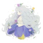  1girl ayu_(mog) big_hair blouse blue_eyes blush closed_mouth cowboy_shot flower flower_request grey_eyes grey_hair hair_flower hair_ornament holding holding_flower long_hair long_sleeves looking_at_viewer original pantyhose purple_flower purple_skirt simple_background skirt solo standing very_long_hair white_background white_blouse white_flower yellow_flower yellow_legwear 