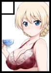  1girl bangs black_border blonde_hair blue_eyes border bra braid breasts circle_cut closed_mouth commentary cup darjeeling_(girls_und_panzer) eyebrows_visible_through_hair girls_und_panzer holding holding_cup lace lace_bra light_blush looking_at_viewer medium_breasts purple_bra short_hair smile solo teacup tied_hair twin_braids underwear underwear_only white_background yts_takana 