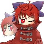  1girl ahoge avatar_icon blue_bow bow buckle cape chamaji cloak disembodied_head eyebrows_visible_through_hair hair_between_eyes hair_bow high_collar looking_at_viewer lowres multiple_heads nukekubi one_eye_closed red_cape red_cloak red_eyes redhead sekibanki short_hair signature solo touhou upper_body white_background 