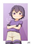  1girl :3 =3 alternate_color alternate_eye_color artist_name bangs black_gloves black_hair blush commentary_request cowboy_shot crossed_arms dated doyagao eyebrows_visible_through_hair gloves kaban_(kemono_friends) kemono_friends looking_at_viewer no_hat no_headwear purple_background purple_shirt sateraito1024 shirt short_hair short_sleeves shorts signature simple_background smug solo violet_eyes white_shorts 