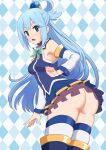  1girl aqua_(konosuba) aqua_hair argyle argyle_background ass blue_background blue_eyes blue_footwear blue_shirt blue_skirt boots bow bowtie breasts brooch collar cowboy_shot detached_sleeves eyebrows_visible_through_hair frilled_collar frilled_skirt frills green_neckwear hair_bobbles hair_ornament hair_rings jewelry kono_subarashii_sekai_ni_shukufuku_wo! long_hair looking_at_viewer medium_breasts miniskirt miripippo no_panties open_mouth patterned_background pleated_skirt shirt simple_background skirt sleeveless sleeveless_shirt solo standing thigh-highs thigh_boots thighhighs_under_boots thighs twisted_torso two-tone_background white_background white_legwear 