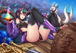  1girl adsouto bangs bare_shoulders black_fundoshi breasts cherry_blossoms chinese_clothes collarbone dudou eyeliner fate/grand_order fate_(series) feet forehead_jewel highres horns leaning_back long_sleeves looking_at_viewer makeup oni oni_horns pot purple_hair short_hair shuten_douji_(fate/grand_order) shuten_douji_(halloween_caster)_(fate) skin-covered_horns small_breasts solo star star_print sword toeless_legwear toes tree violet_eyes weapon 