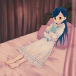  1girl barefoot bed blue_hair brown_eyes crossed_arms full_body holding holding_stuffed_animal honzuki_no_gekokujou indoors maine_(honzuki_no_gekokujou) on_bed pajamas pillow solo stuffed_animal stuffed_bunny stuffed_toy un47_(uni) white_pajamas 