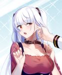  1girl absurdres aer_(tengqiu) alternate_costume breasts collar collarbone earrings essex_(warship_girls_r) highres jewelry large_breasts long_hair red_eyes red_shirt shirt short_sleeves solo_focus twintails upper_body warship_girls_r white_hair 