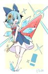  ! 1girl aida_(aidia) artist_logo bad_source bandaid bandaid_on_face barefoot blue_bow blue_dress blue_eyes blue_hair bow cirno detached_wings dress flower flower_bracelet food full_body hair_bow hair_flower hair_ornament highres holding ice ice_wings open_mouth popsicle red_neckwear running sailor_collar short_hair sleeveless sleeveless_dress solo sparkle splashing sunflower touhou watermelon_bar wings yellow_background 