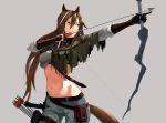  1girl absurdres animal_ears arknights arrow bangs belt black_belt black_gloves bow_(weapon) brown_hair capelet commentary_request cowboy_shot crop_top drawing_bow gloves green_eyes grey_background grey_capelet grey_shirt hair_between_eyes highres holding holding_arrow holding_bow_(weapon) holding_weapon long_hair long_sleeves meteor_(arknights) midriff navel parted_lips pointing pouch shirt simple_background solo standing stomach tail vambraces very_long_hair weapon yakupan 