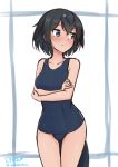  1girl arm_under_breasts bangs bare_arms bare_shoulders black_eyes black_hair blue_swimsuit breasts collarbone embarrassed eyebrows_visible_through_hair frown greater_lophorina_(kemono_friends) hair_between_eyes highres kemono_friends looking_away medium_breasts school_swimsuit shiraha_maru short_hair simple_background solo swimsuit tail thigh_gap 