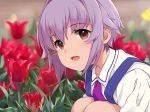  1girl blurry blurry_background brown_eyes day depth_of_field flower idolmaster idolmaster_cinderella_girls kirarin369 koshimizu_sachiko open_mouth outdoors purple_hair short_hair solo squatting tulip 