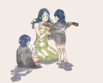  1boy 2girls blue_eyes blue_hair byleth_(fire_emblem) byleth_eisner_(female) byleth_eisner_(male) cup fire_emblem fire_emblem:_three_houses fish highres holding holding_cup holding_fish long_hair mother_and_daughter mother_and_son multiple_girls open_mouth short_hair simple_background sitri_(fire_emblem) sitting yrfreakyneighbr 