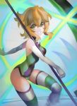  1girl akatsuki_kirika blonde_hair breasts green_eyes green_leotard highres leotard looking_at_viewer medium_breasts parted_lips scythe senki_zesshou_symphogear shiny shiny_skin short_hair smile solo standing striped striped_legwear teeth visqi 