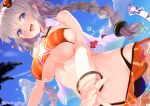  2girls :d =_= arm_up artist_name ass_visible_through_thighs bandeau bangle bangs bare_arms bare_shoulders bikini blue_eyes blue_sky blush bracelet braid breasts closed_eyes clouds commentary_request condensation_trail day dutch_angle hair_between_eyes hair_ornament halterneck jewelry kizuna_akari large_breasts long_hair looking_at_viewer multiple_girls navel open_mouth orange_bikini outdoors purple_bikini purple_hair puuakachan silver_hair sky smile star star_print stomach summer swimsuit twin_braids twintails twitter_username under_boob very_long_hair voiceroid water_drop wet yuzuki_yukari 