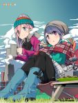  2girls afro beanie black_legwear blanket blue_eyes blue_hair blue_sky boots chair closed_mouth clouds coffee_pot cup folding_chair folding_table food grass hat highres holding holding_cup holding_food kagamihara_nadeshiko multiple_girls official_art outdoors parted_lips pink_hair plate portable_stove s&#039;more scarf shima_rin sidelocks sitting sky smile standing tent violet_eyes winter_clothes yurucamp 