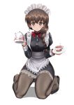  1girl absurdres alternate_costume apron artist_name bangs black_dress black_legwear black_ribbon bow bowtie braid brown_eyes brown_hair closed_mouth cup dress enmaided frilled_apron frills full_body girls_und_panzer hair_over_shoulder hair_ribbon high_heels highres holding_saucer holding_teapot juliet_sleeves kneeling lace lace-trimmed_dress long_hair long_sleeves looking_at_viewer maid maid_headdress pantyhose puffy_sleeves red_neckwear ribbon rukuriri_(girls_und_panzer) shadow short_dress signature simple_background single_braid smile solo tea teacup waist_apron white_background ydg_(eorbsaos1004) 