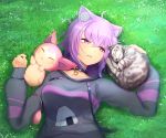  1girl ahoge animal animal_ear_fluff animal_ears black_choker black_hoodie breasts cat cat_ears choker closed_eyes collarbone commentary day eyebrows_visible_through_hair eyelashes fang grass hair_between_eyes highres holding holding_animal holding_cat hololive hood hoodie long_sleeves lying medium_breasts nekomata_okayu on_back onigiri_print outdoors ozakiyo parted_lips pokemon purple_hair short_hair skitty sleeping sleeves_past_wrists smile upper_body violet_eyes virtual_youtuber 